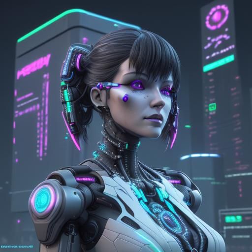 Cyberpunk Lady: Biomechanical Neon Fractal Character