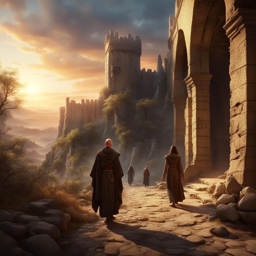 Monk and Priestess in Ruined Castle: Biblical Fantasy