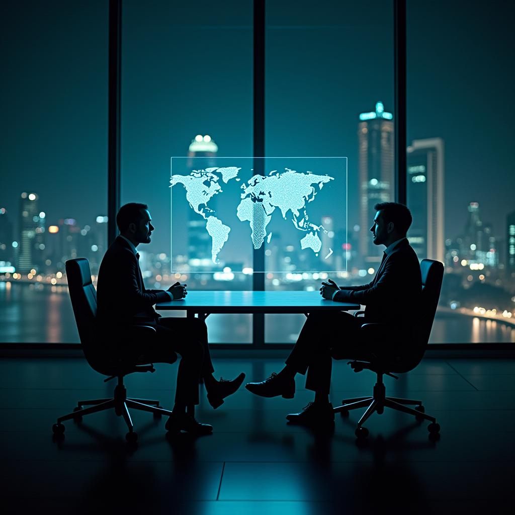 Futuristic Executive Interviewed by Holographic AI in Film N...