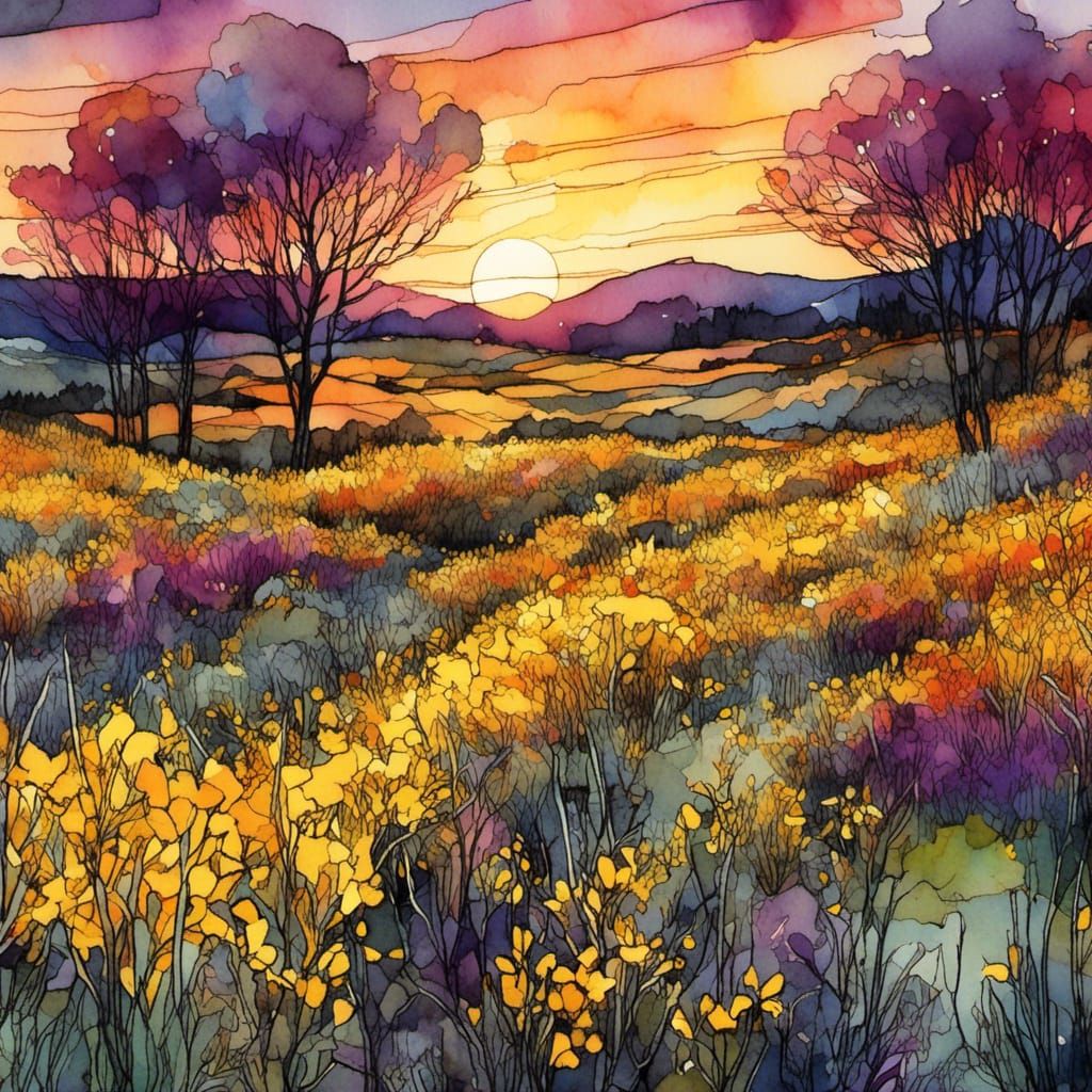 Endless Yellow Flowers at Sunset in Digital Ink