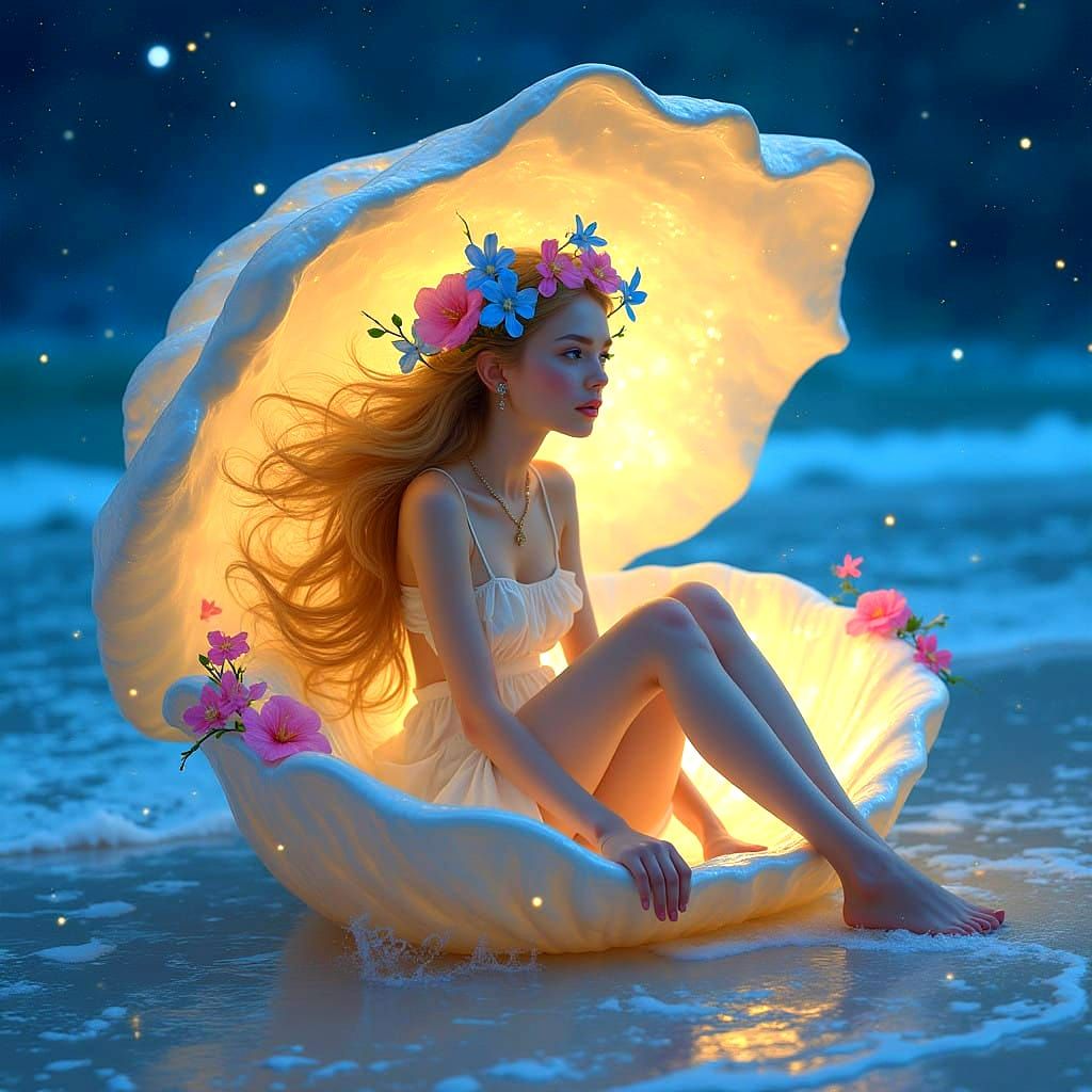 A Shy Beauty Reclines in Iridescent Shell Glow