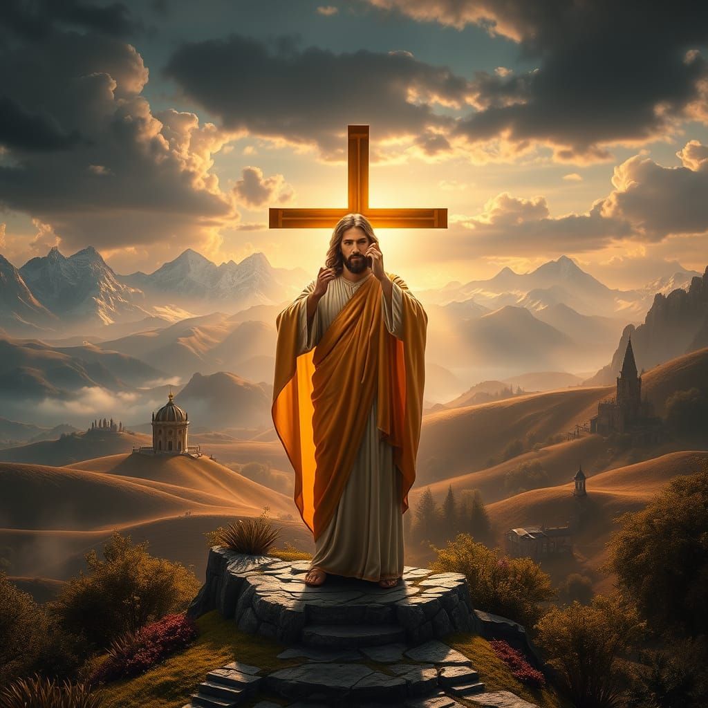 Jesus Christ with Cross in Cinematic Landscape