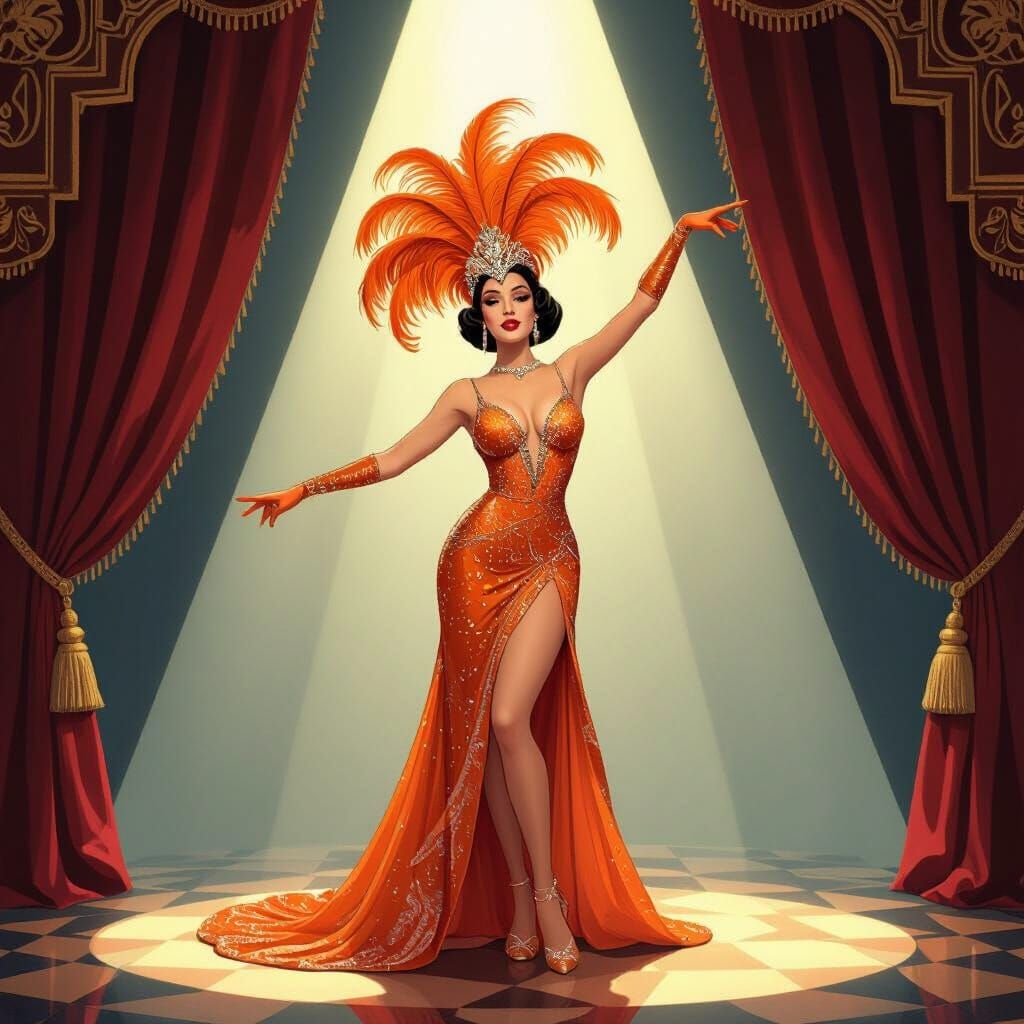 Glamorous Showgirl in Art Deco Cabaret Illustration