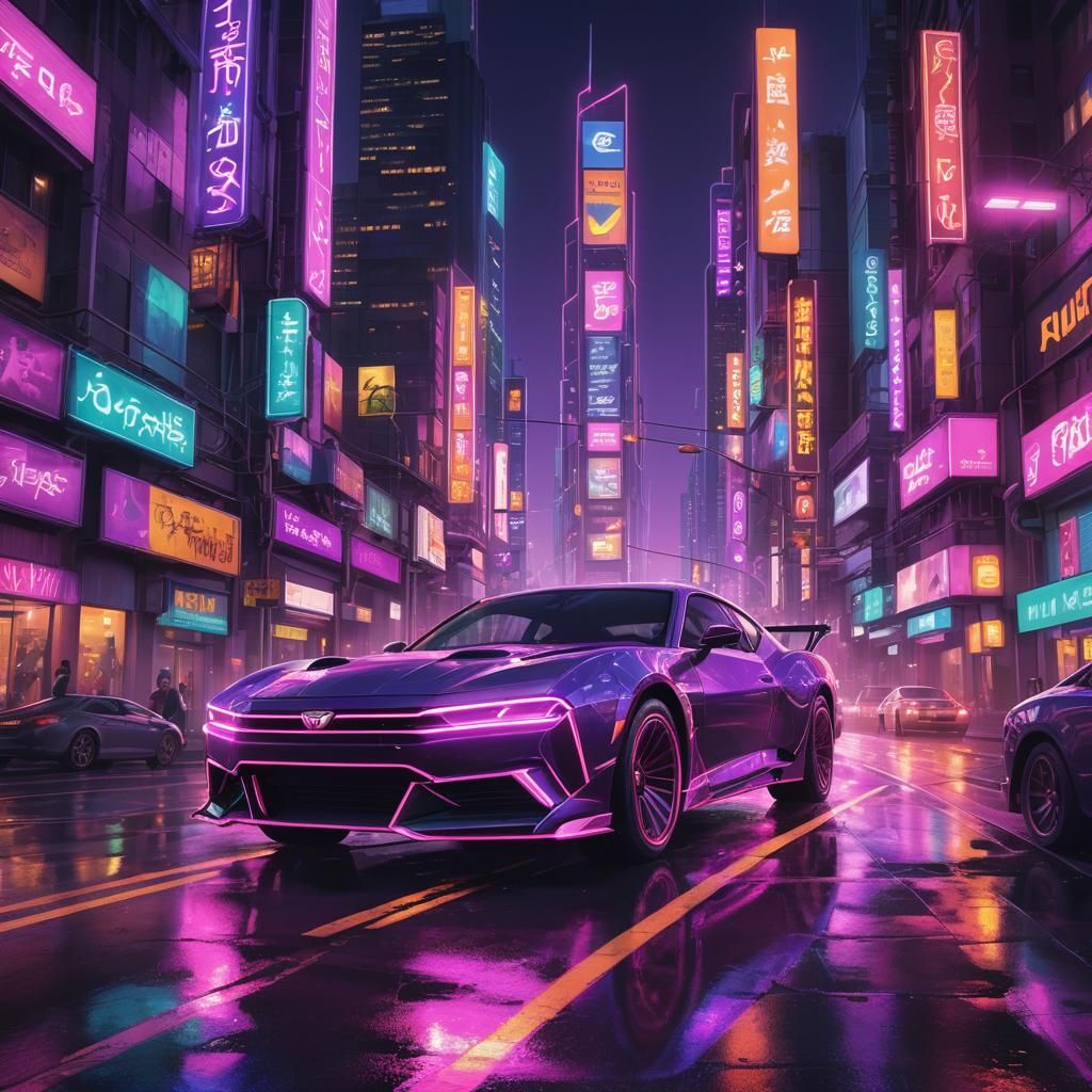 Violet Car Speeds Through Neon Cityscape