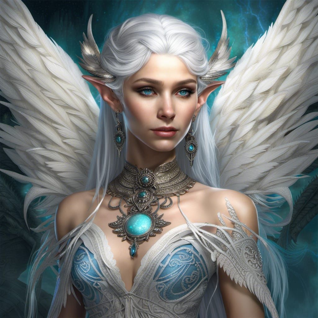 Winged Elf in Lacy Dress: Fantasy Art