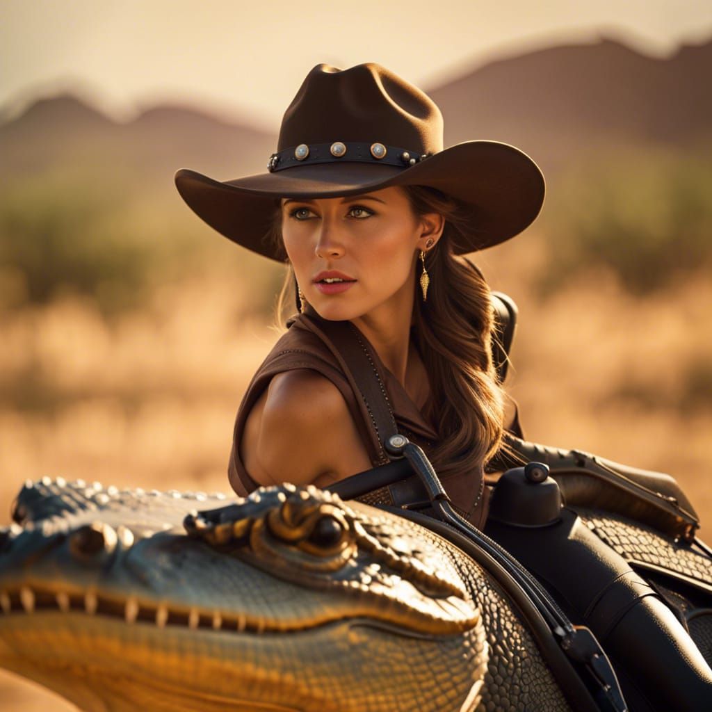 Cowgirl Riding a Giant Lizard