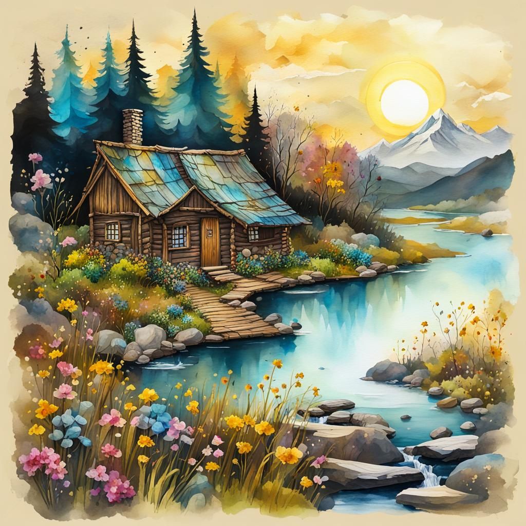 Fauvist Hut Beside Forest Stream in Gold Frame