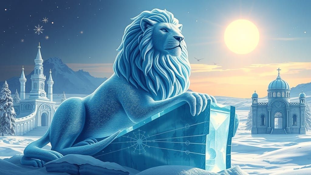 Icy Lion Sculpture in Winter Sanctuary