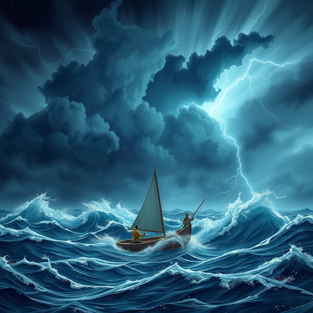 Fishing Boat Navigating a Stormy Sea