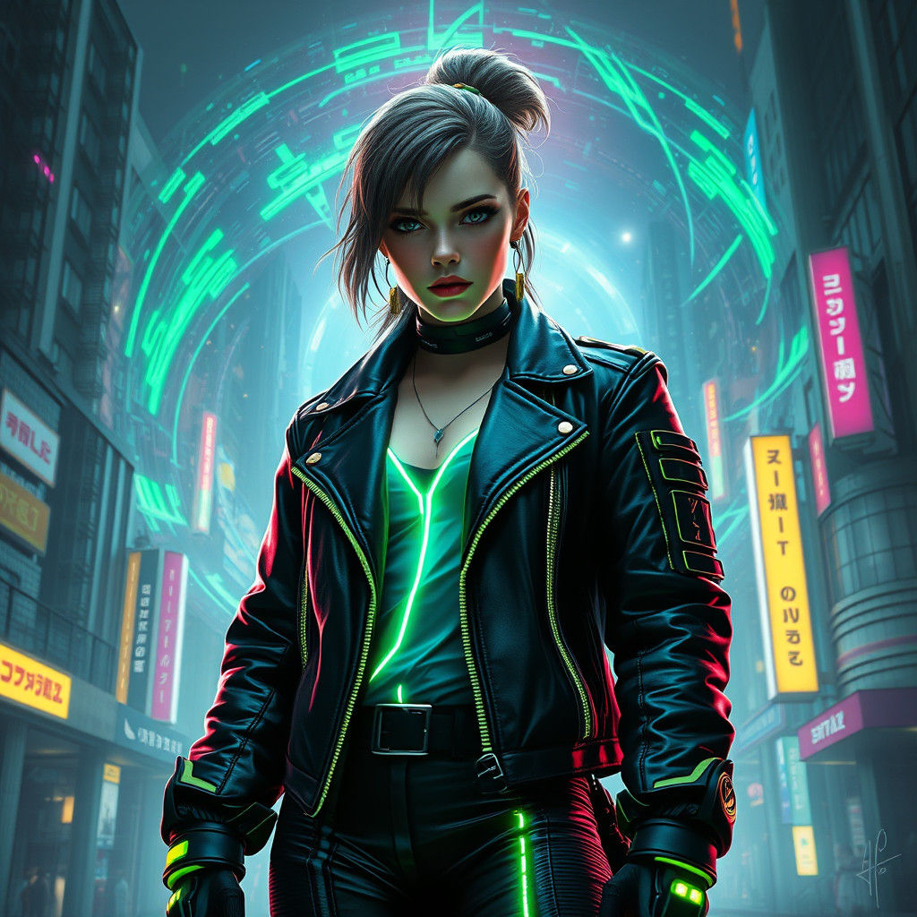 Cyberpunk Girl in Dystopian City with Portal