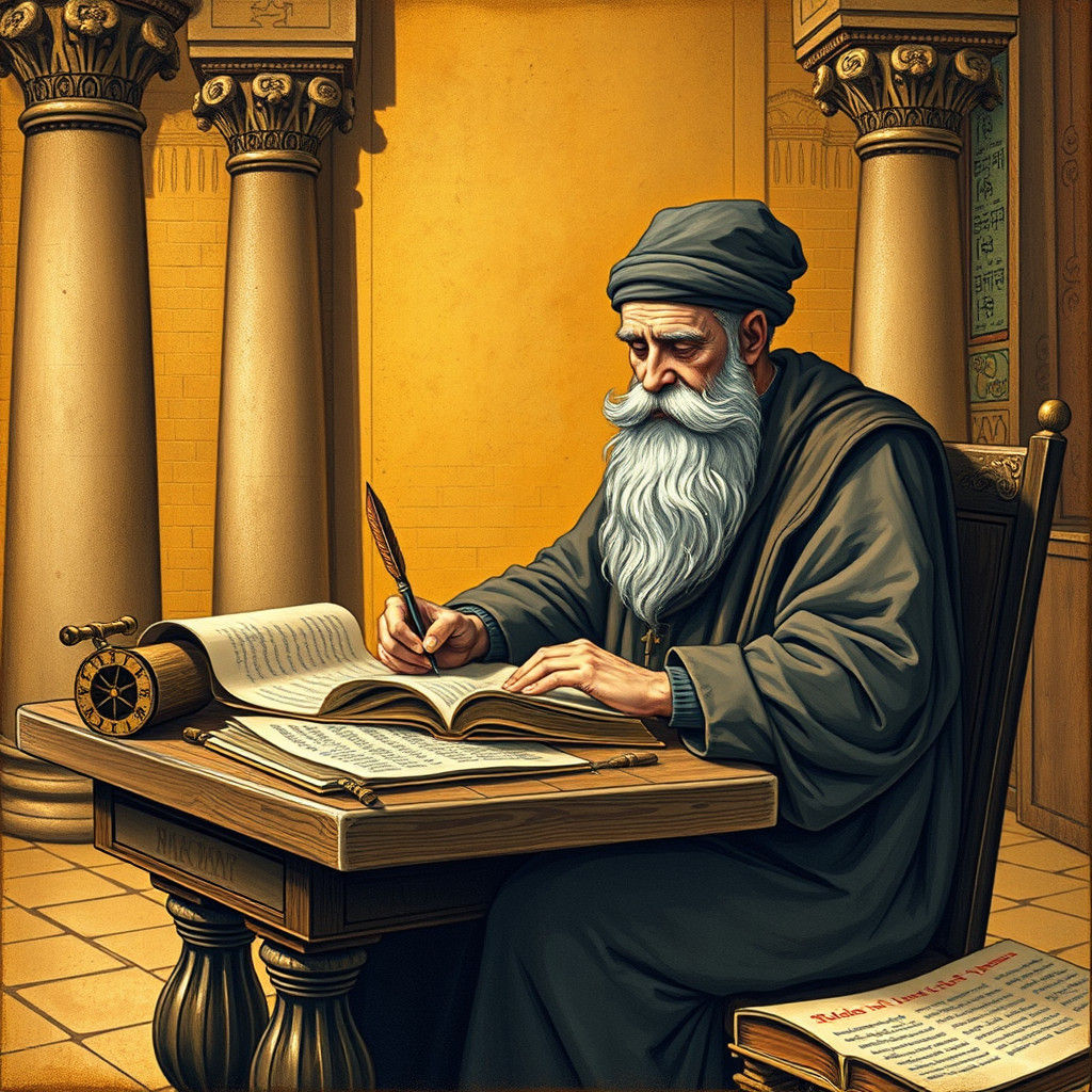 Rabbi Writing Commentaries in Illuminated Manuscript Style