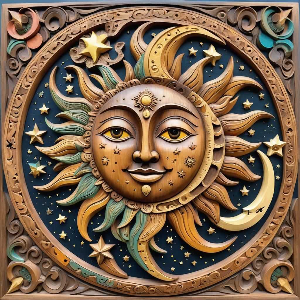 Arabesque Wood Carving of Sun, Moon and Stars