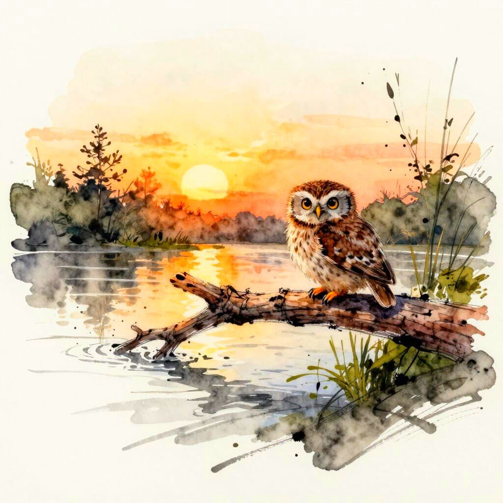 Watercolour Expressionism Sketch of Owlets at Sunset