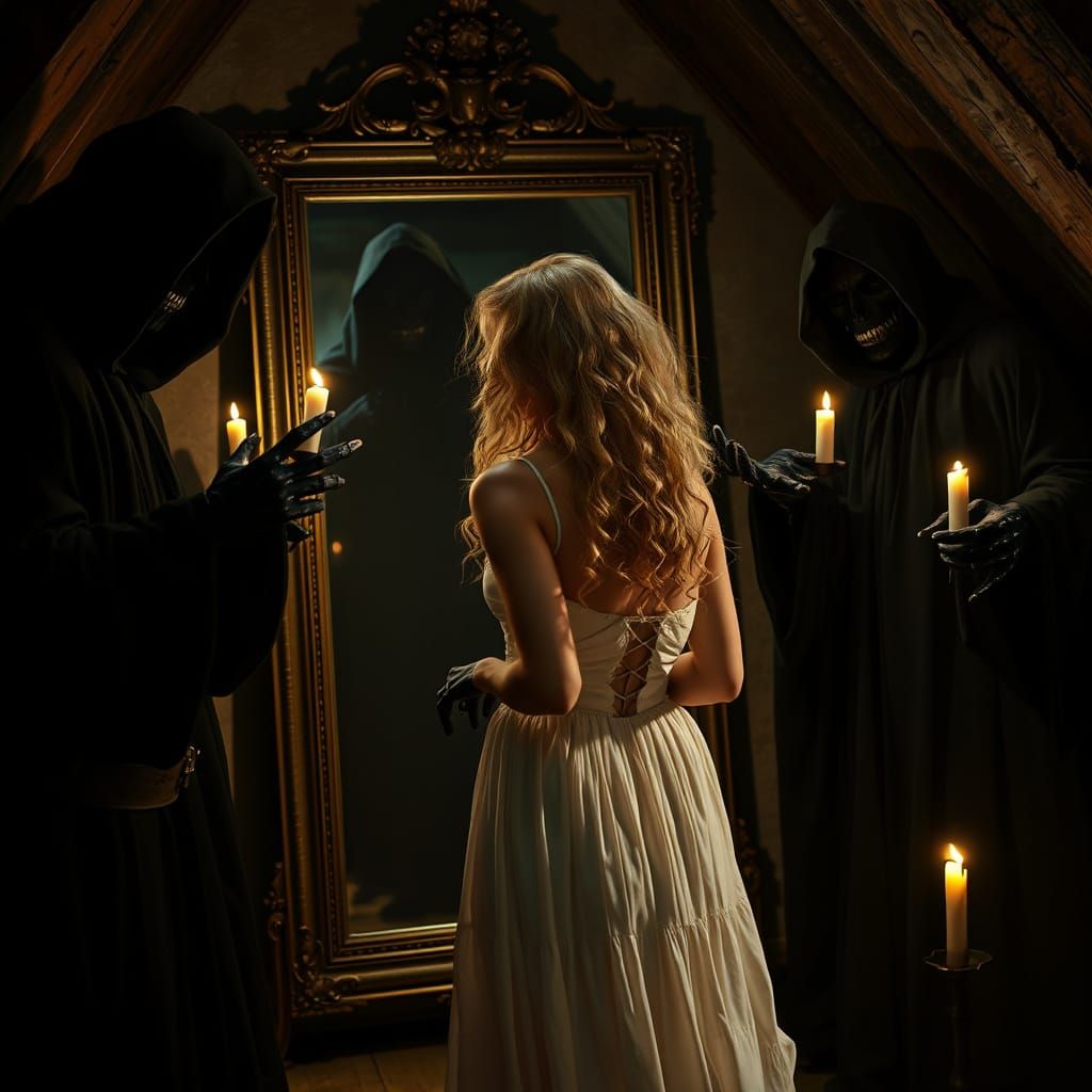 Frozen Terror in a Dark Attic, Beautiful Woman Confronted by...