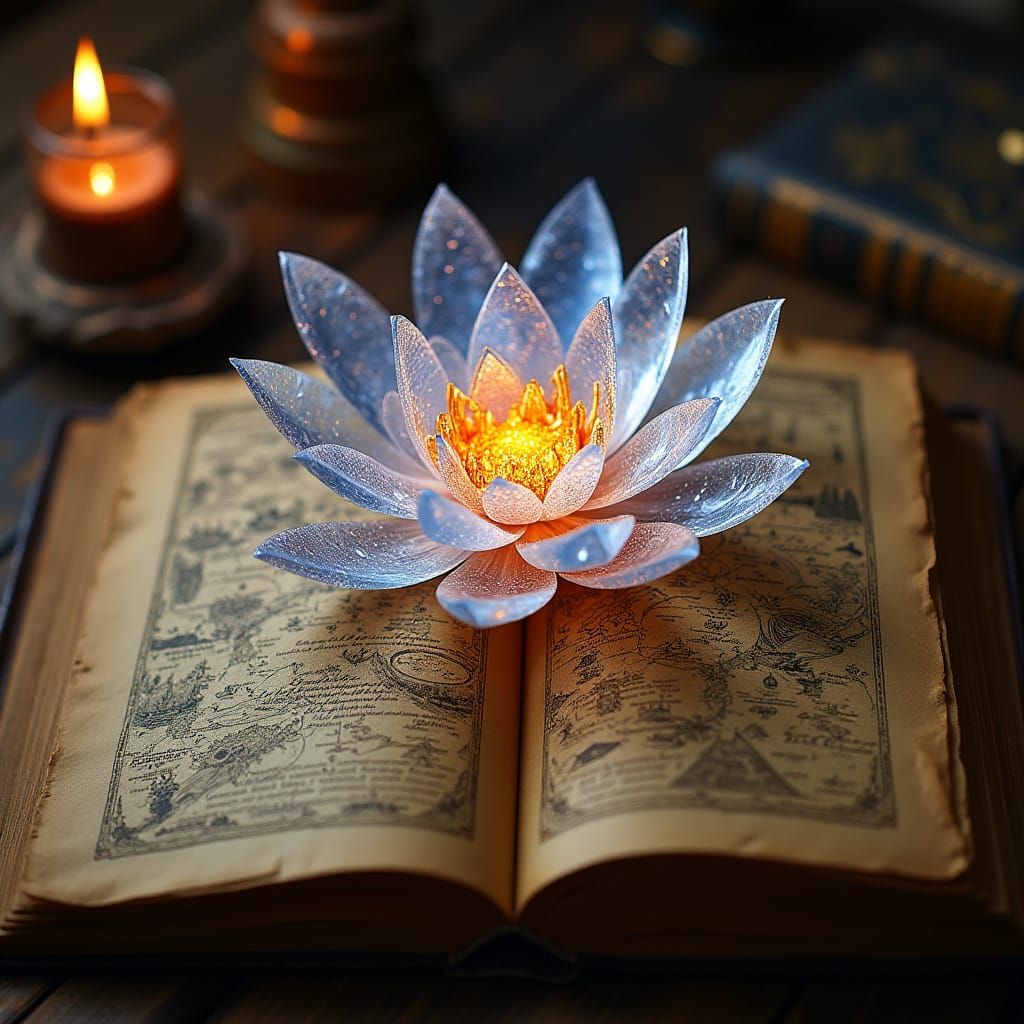 Crystal Lotus Blooms with Cosmic Secrets in Ancient Grimoire