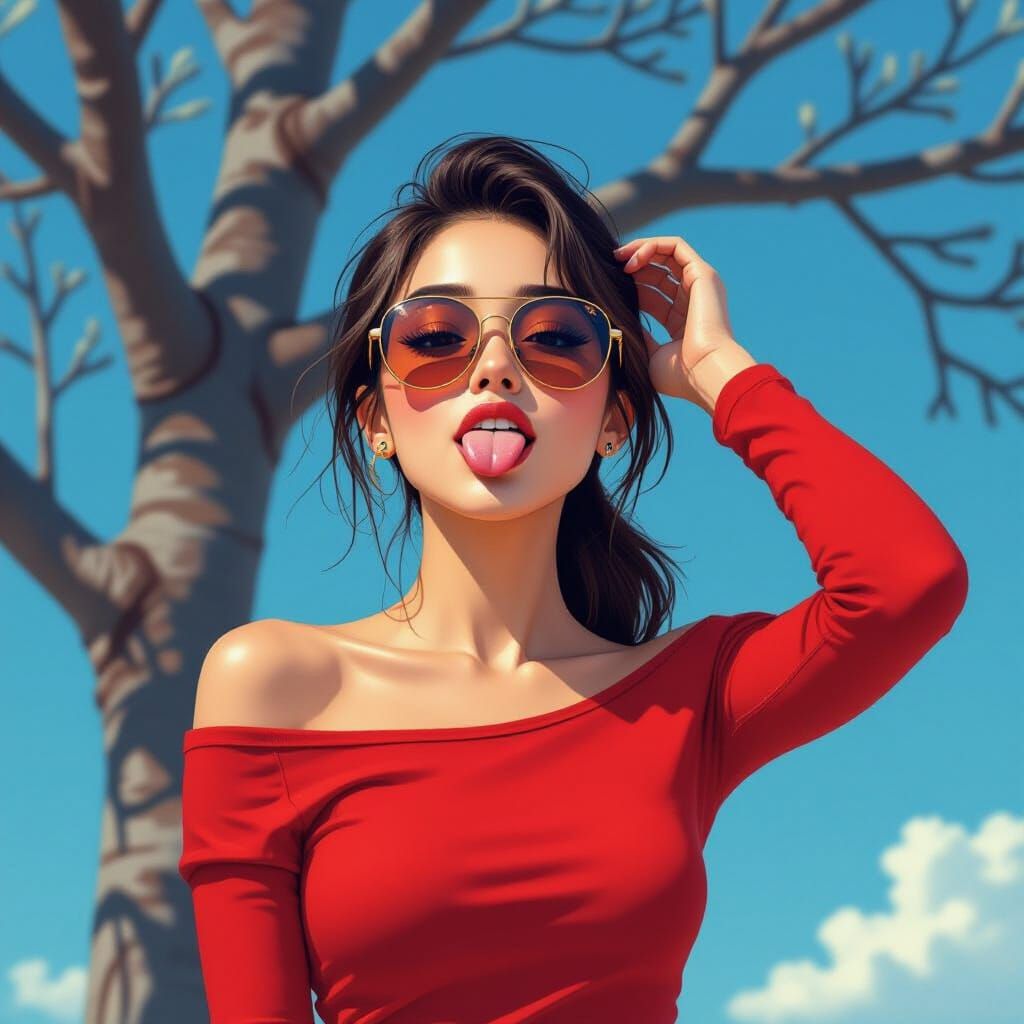 Playful Woman with Sunglasses in Vibrant Digital Art