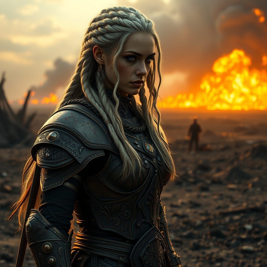 Battle-Scarred Warrior Queen in Post-Apocalyptic Ruins