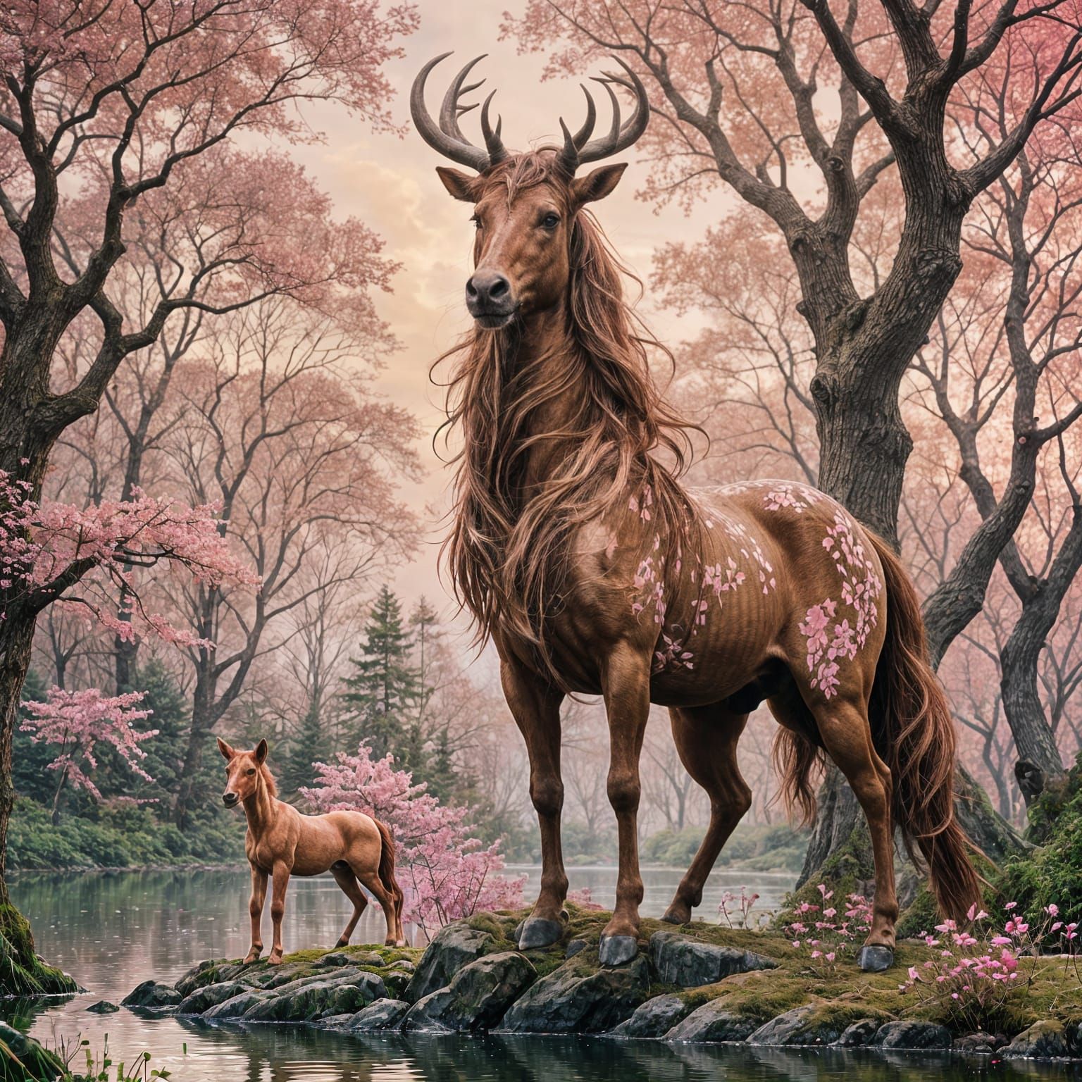 Female Centaur in Pink Forest