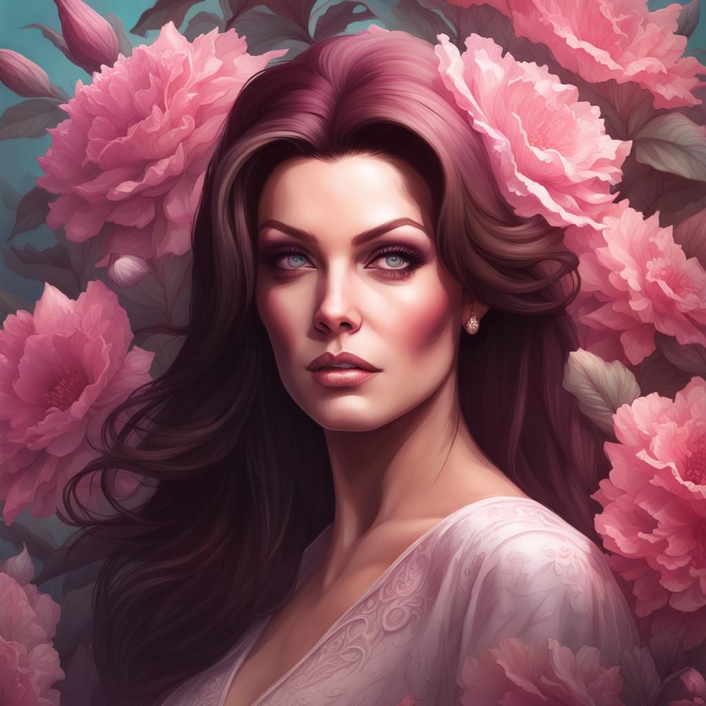 Priscilla Presley Portrait with Pink Flowers