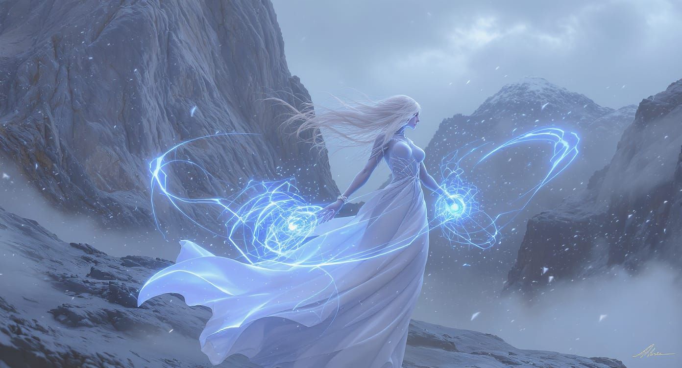 Mystical Woman Summons Energy in Mountain Landscape