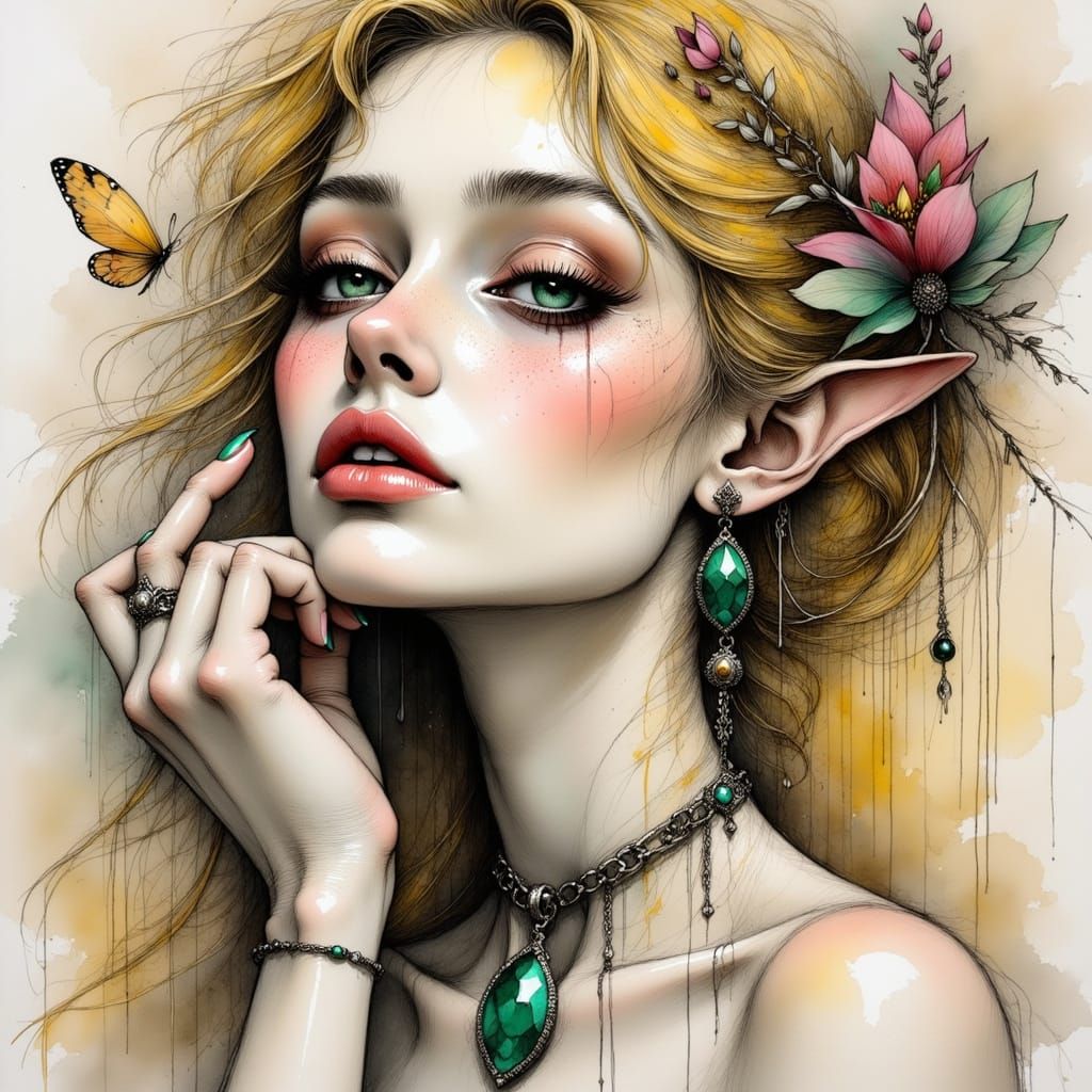 Norse Goddess in Charcoal Portrait with Emerald Pendant