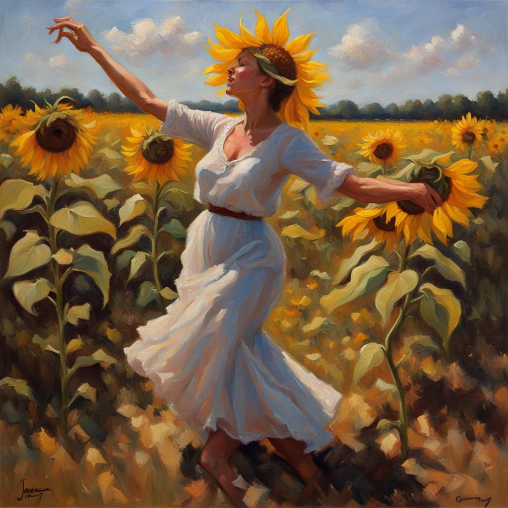 Woman Dancing in Sunflower Field: An Oil Painting