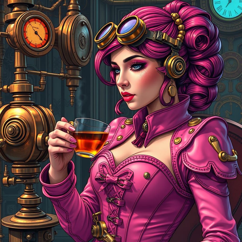 Steampunk Woman Sips Tea in Vibrant Pink Suit