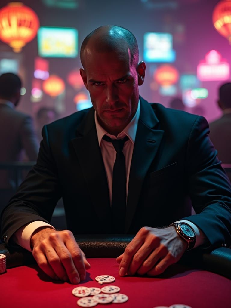 Tactical Bodybuilder Gangster Agent in Neon Casino