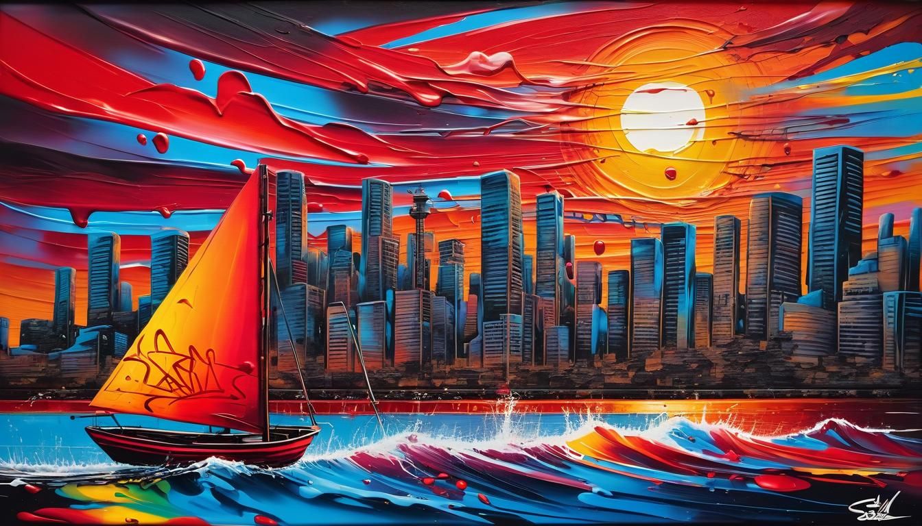 Sunset with Red Sails in Graffiti Art