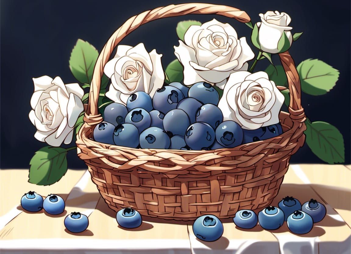 Blueberries and Roses in Anime Art Style
