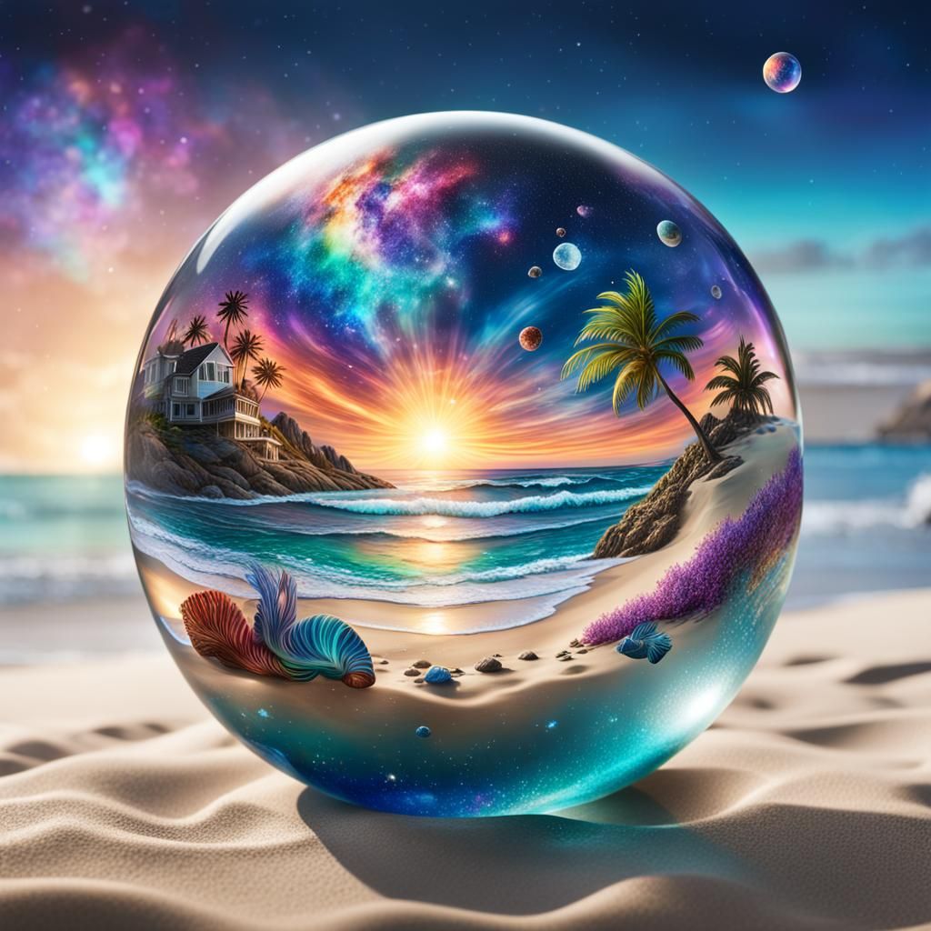 Glass Orb: Galaxy, Beach, and Mermaid in Splash Art