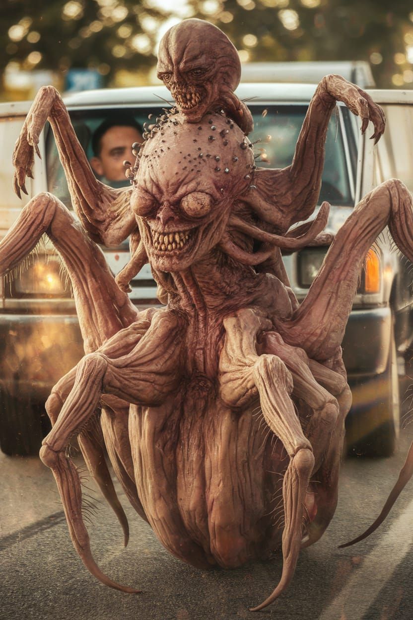 Grotesque Spider Creature Emerges from Roadside
