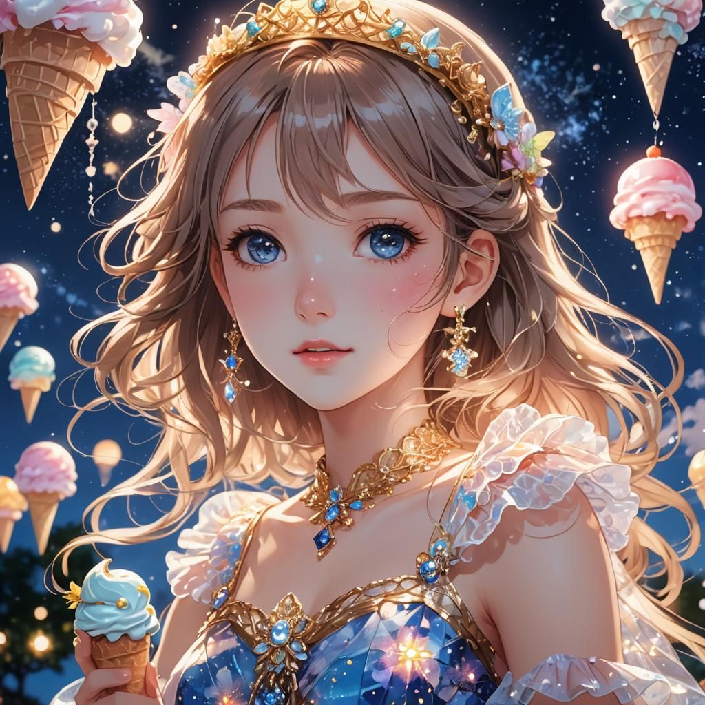 Anime Princess with Ice-Cream Jewelry in Summer Night