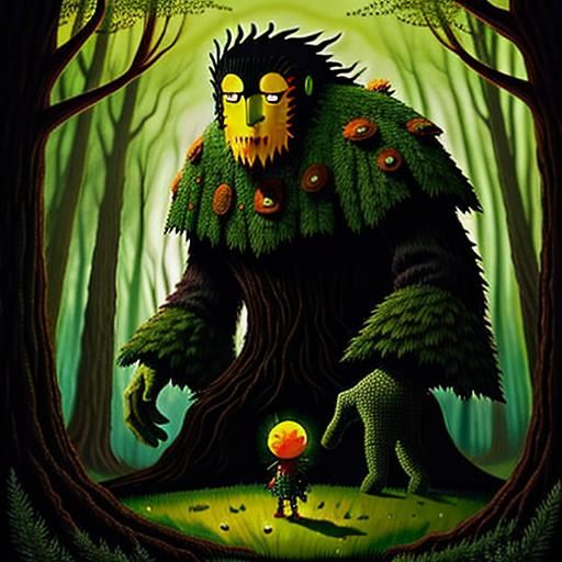 Giant Monster Hidden in Forest, Fantasy Art