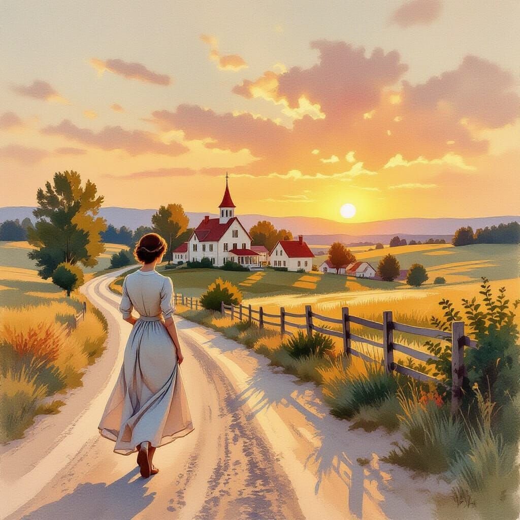 Woman Gazes at Village in Soft Watercolor Style