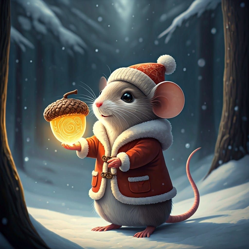 Glowing Acorn Held by Mouse in Snowy Forest