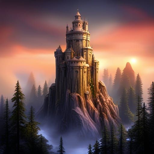 Sky Castle with Magic Tower in Redwood Forest