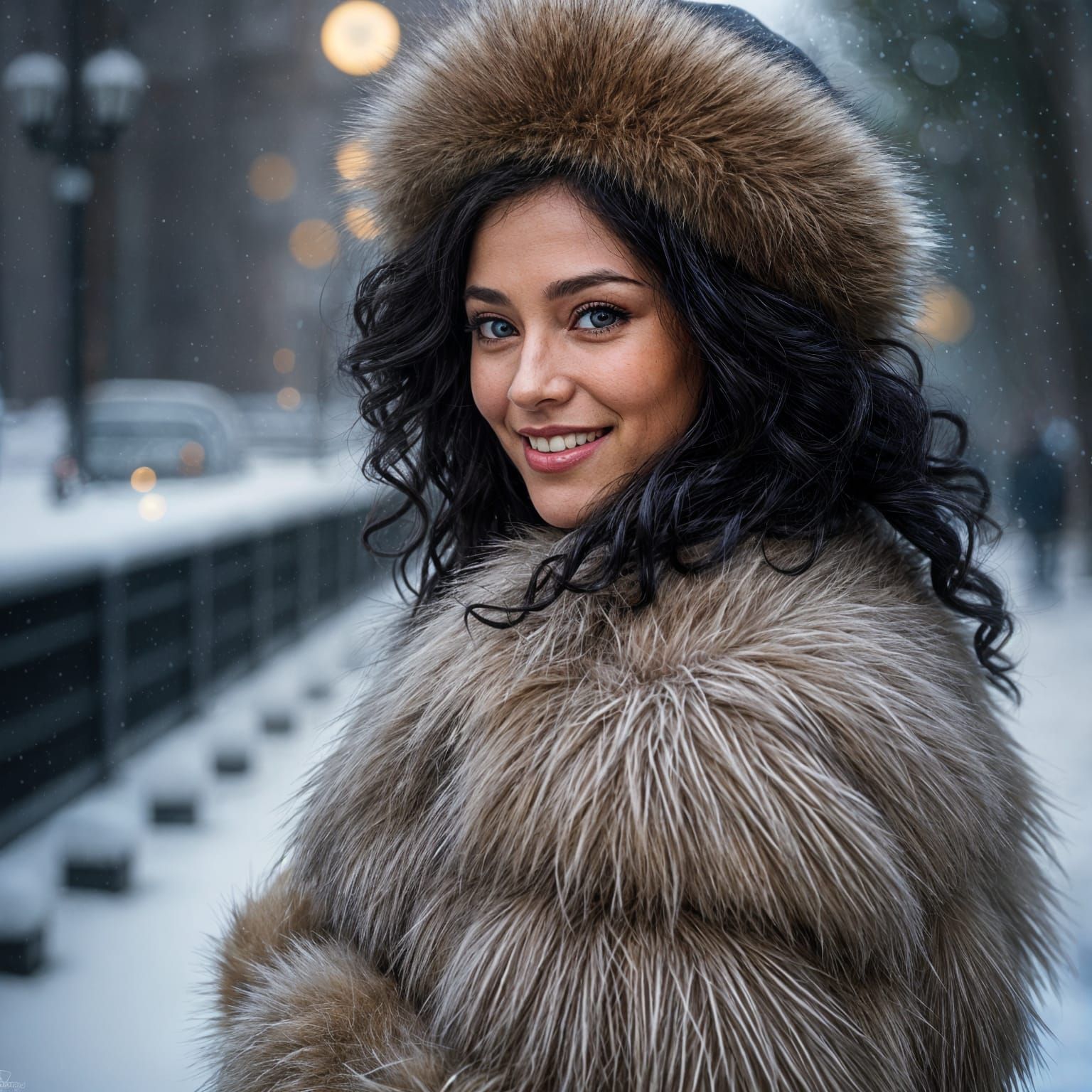 Hyperrealistic Woman in Fur Coat Walking in Snow
