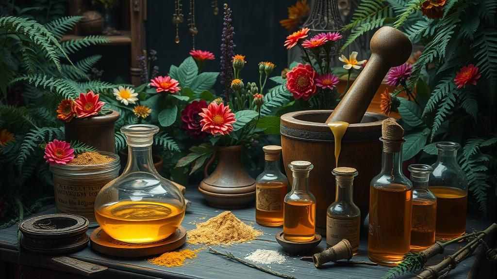 Mystical Apothecary Workspace with Honey and Glowing Potions
