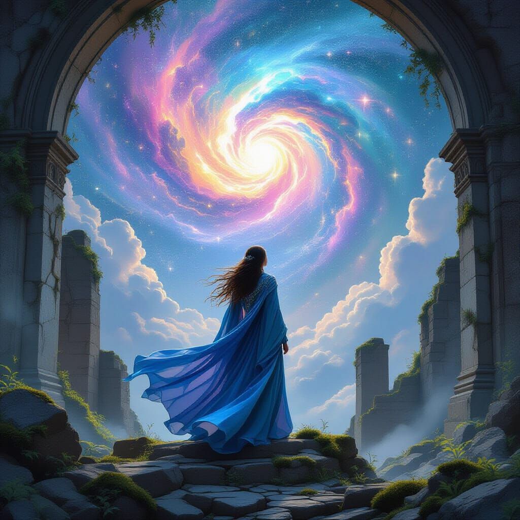 Sorceress Gazing at Nebula in Art Nouveau Style