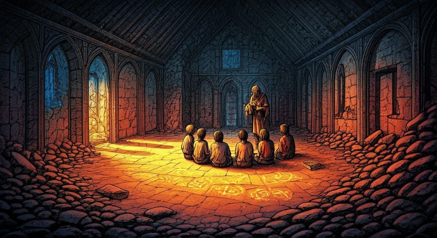 Ruined School in Medieval Town: Dark Fantasy Art