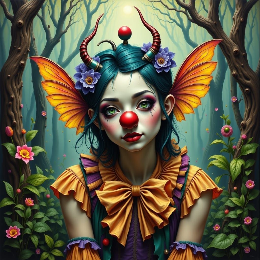 Colorful Fairy Clown in Whimsical Forest