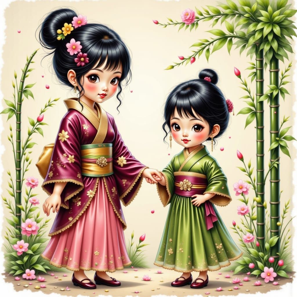 Cute Toddler Asian Girl in Kimono with Doll