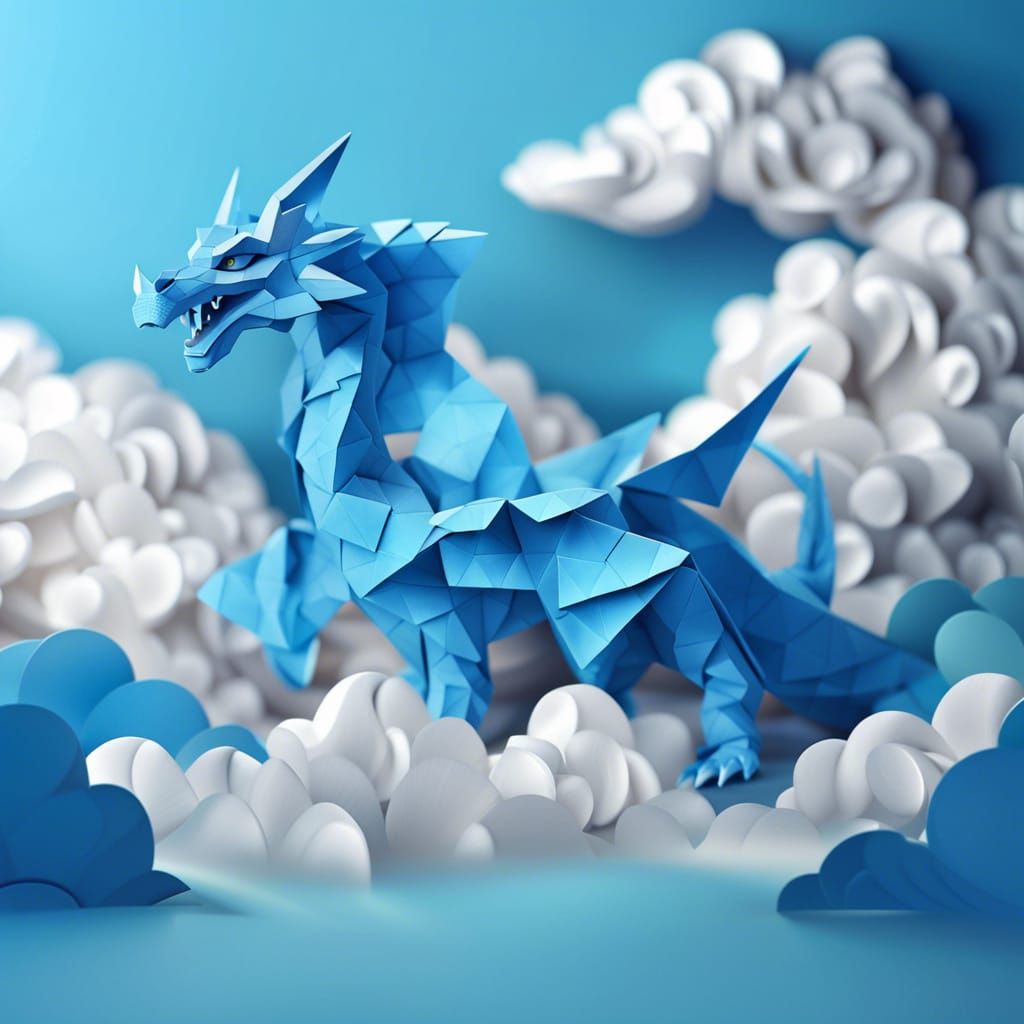 Origami Blue Dragon in a Fantasy Sky