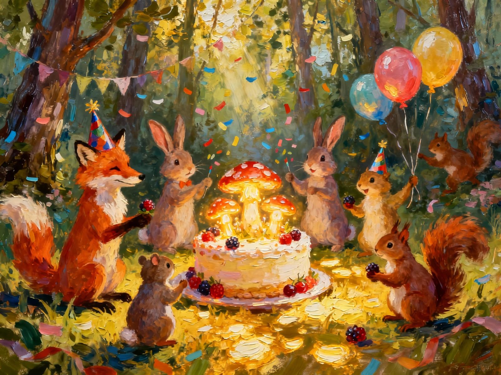 Whimsical Forest Birthday Party Impasto Oil Painting