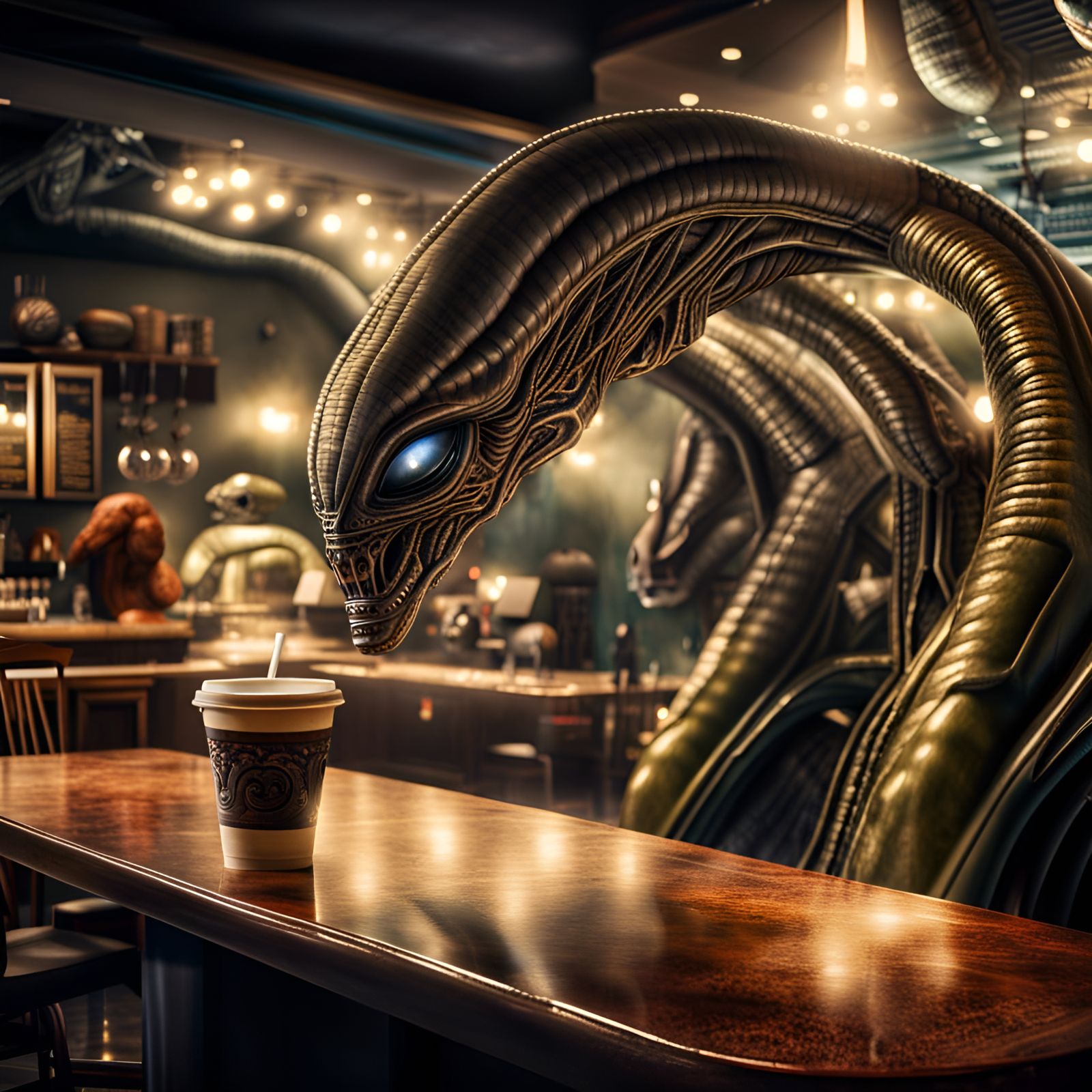 Hyperrealistic Alien Coffee Shop in Space