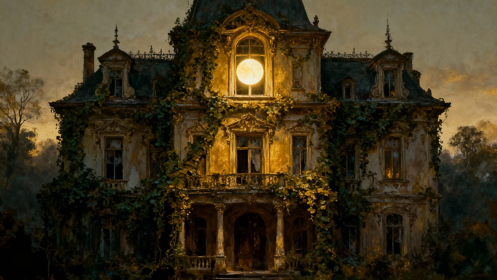 Gothic Victorian Manor in Twilight with Ethereal Orb