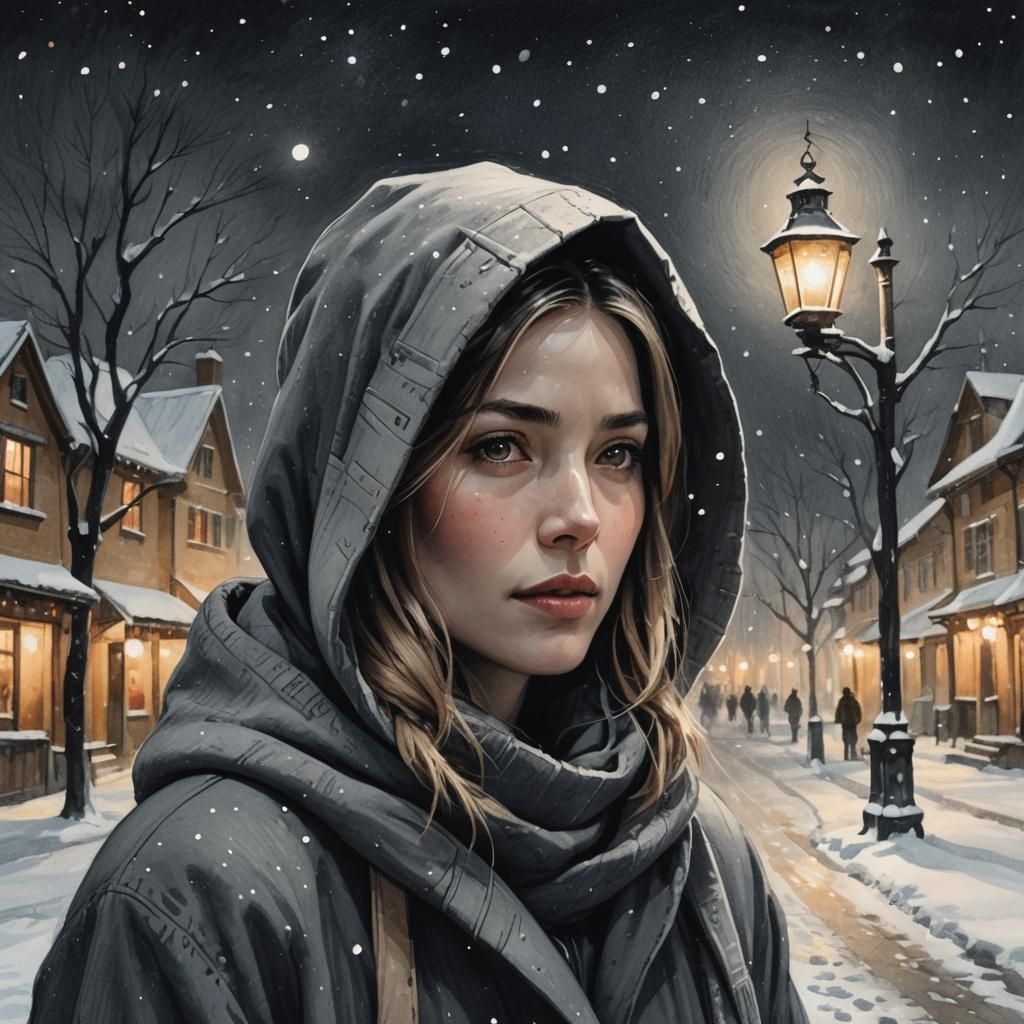 Serene Woman with Lantern in Snowy Village, Charcoal Drawing