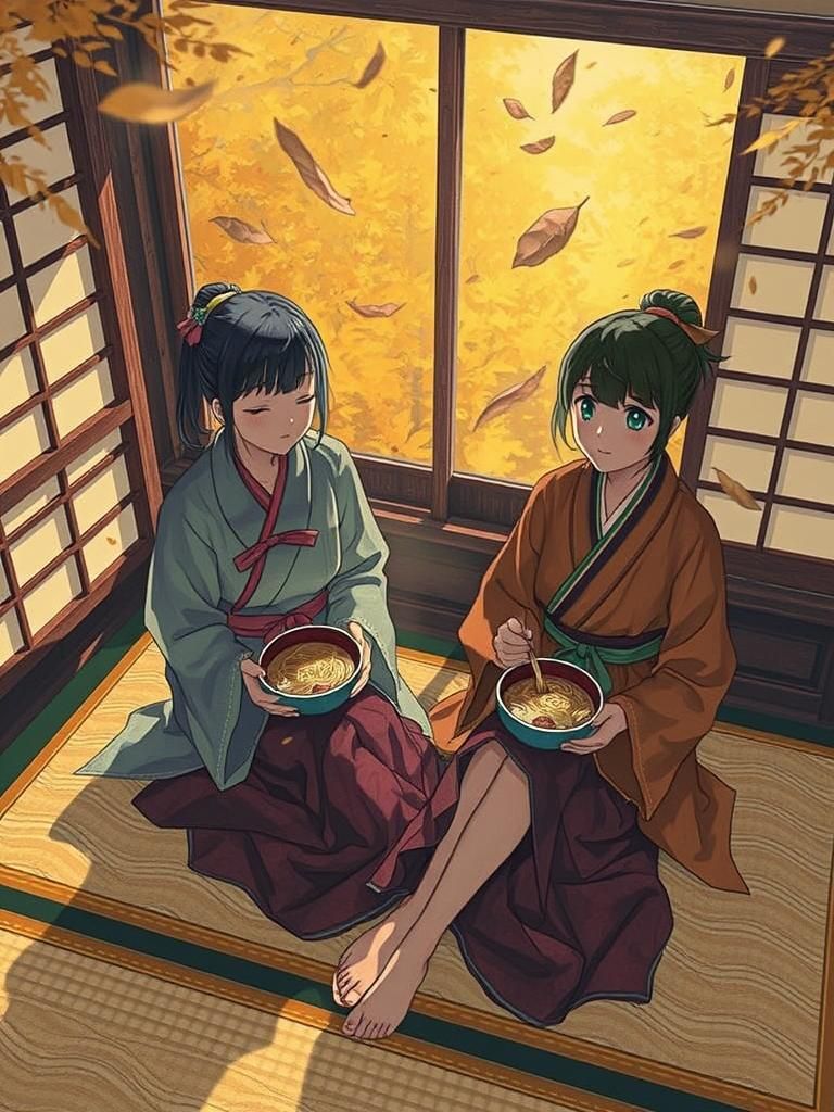 Anime Women Enjoying Noodles in Autumnal Japanese House