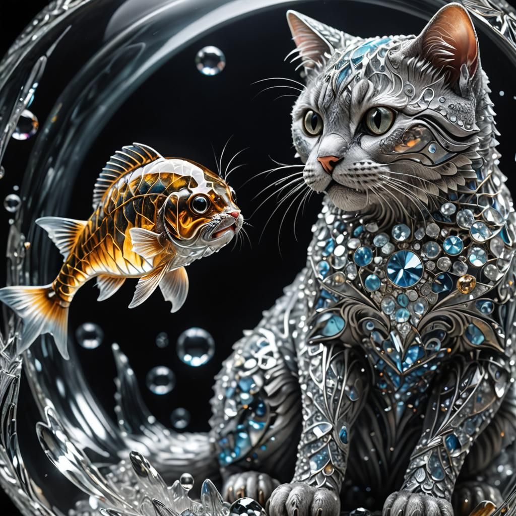 Crystal Cat with Fish: Hyperrealistic Digital Art